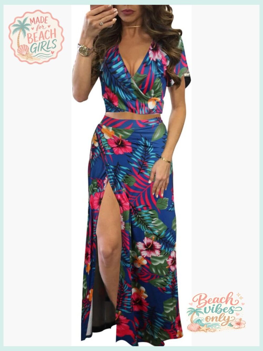 Sexy V Neck Crop Top High Split Maxi Dress Set